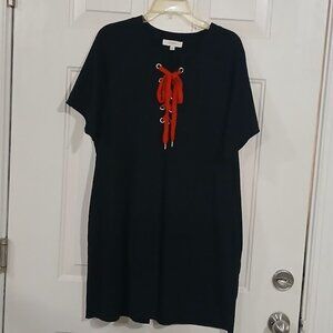 Umgee Black Tunic Mini Dress Red Lace Up Front Raw Edges Short Sleeve XL